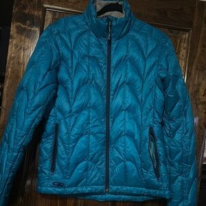 Outdoor Research Blue Puffer Jacket with Chevron Quilting